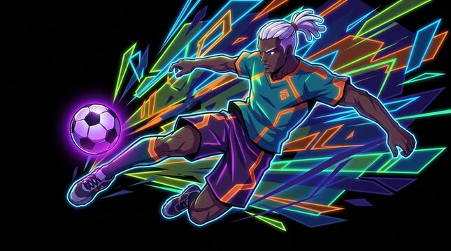 Anime style futsal background with player kicking glowing purple ball