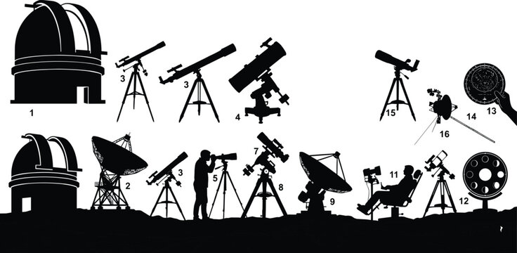 Astronomy Observatory and Telescope Silhouette Icon Set &ndash; Space Observation Equipment and Stargazing Vector Collection