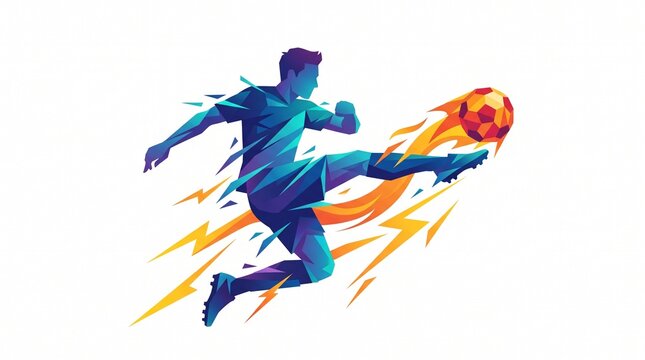 Low poly futsal background of player kicking flaming soccer ball