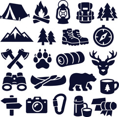 Obraz premium Set of camping and outdoor adventure icons, vector illustration