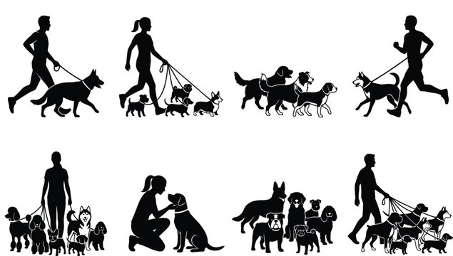 Dog Walker Silhouette Collection with People Walking Multiple Dogs in Outdoor Vector Scenes