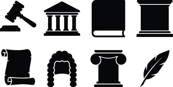 Legal court and justice system vector silhouette icon set for law firm graphic designs