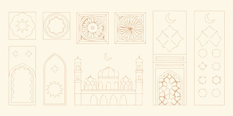 Islamic Architectural Frames And Mosque Silhouette Line Vector Illustration © Sarojit
