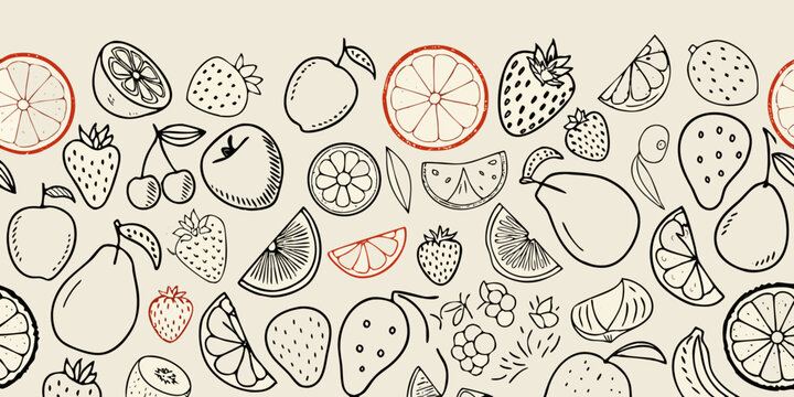 Fruits and berries hand drawn sketch style pattern on beige background