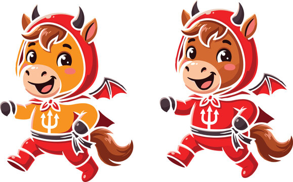 Cute Halloween devil horse character collection in red and orange costumes cartoon mascot vector illustration set