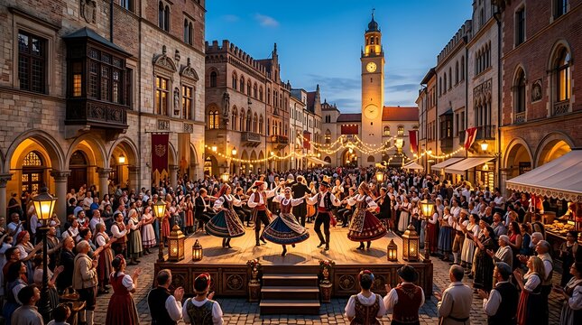 Traditional folk dance performance in a historic town square
