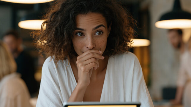 Viral product launch moment shown through a founder staring wide-eyed at a notification feed on her tablet showing exponential order numbers, hand over her mouth in disbelief,