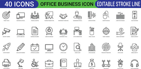 Office business line art icons set target briefcase computer printer clock desk chair document rocket calendar calculator telephone web icon app icon outline icon editable stroke line art vector eps © mdjalal