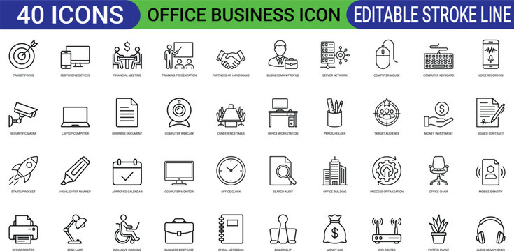Office business line art icons set target briefcase computer printer clock desk chair document rocket calendar calculator telephone web icon app icon outline icon editable stroke line art vector eps