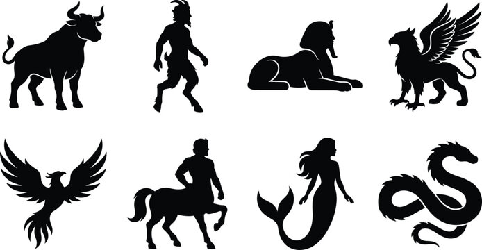 Mythical Creature Silhouette Icon Set with Dragon Griffin Phoenix Mermaid and Centaur