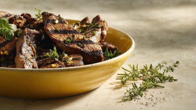 Grilled meat served in a yellow bowl
