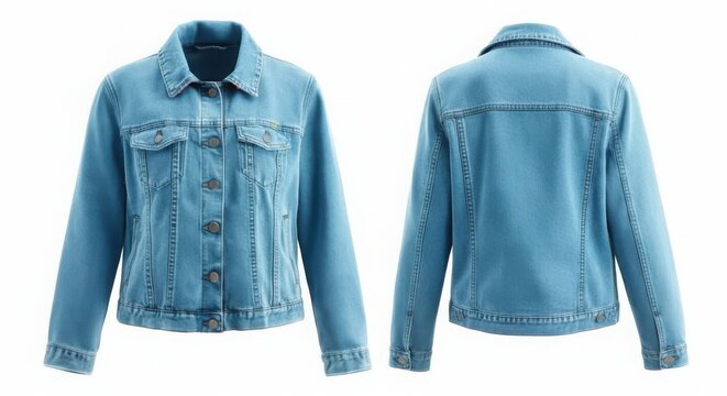 Two views of a light blue denim jacket isolated on white background