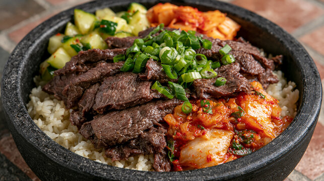 Beef bibimbap in a stone bowl topped with scallions kimchi and seasoned vegetables