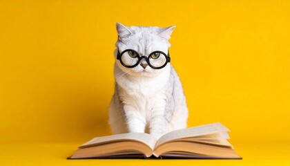 Cat with glasses reading book on bright yellow background