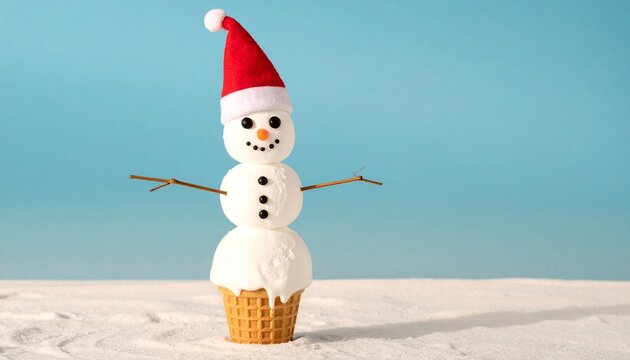 Snowman ice cream cone with Santa hat on sunny beach