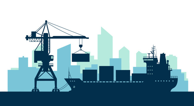 Industrial Port Scene with Cranes and Cargo Ships Loading Containers