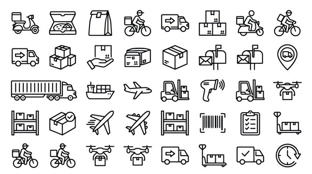 Black outline logistics and shipping delivery icon set.