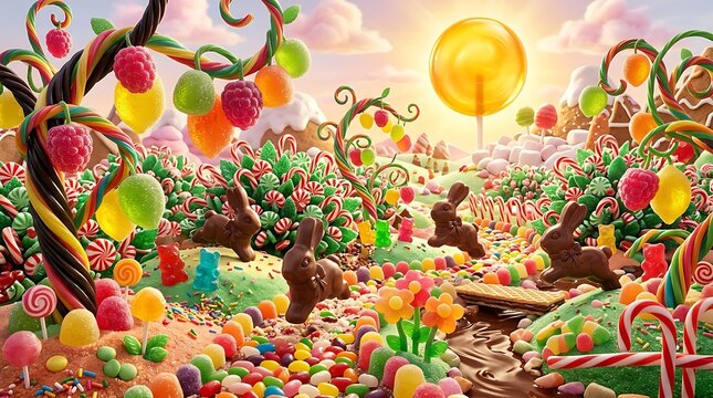 Whimsical easter candy landscape with chocolate bunnies and colorful treats