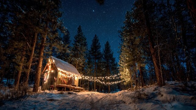 A serene night scene with a cabin illuminated by Christmas lights