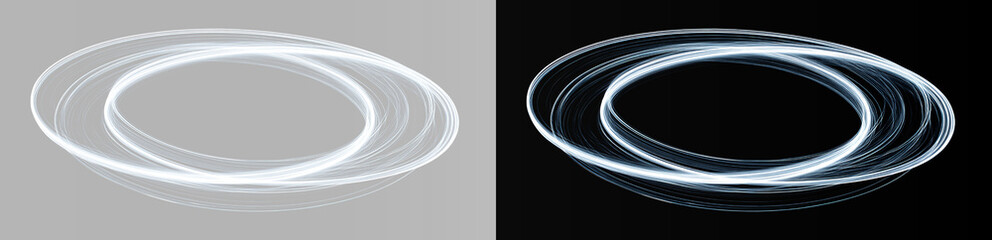 Light blue neon rings split screen on grey and black background, abstract swirling light trails © Maxim