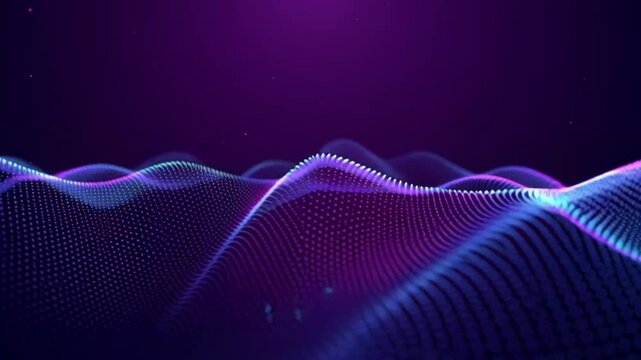 Vibrant purple and blue waves flow across a dark background with glowing lines.