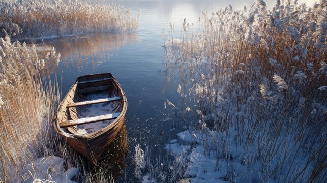 A serene scene of a small wooden rowboat frozen into a lake, gently dusted with snow and surrounded by tall reeds,