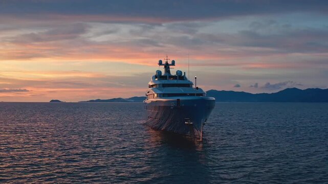Superyacht sailing on calm ocean waters during a vibrant sunset, distant islands and mountains forming a scenic tropical background in Koh Samui, Thailand. Luxury travel, vacation, tropical paradise