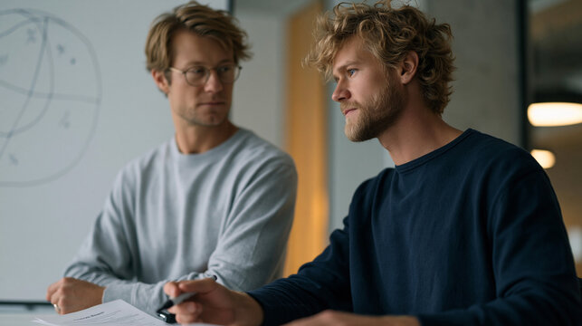 Startup equity negotiation shown through two founders using a whiteboard to draw ownership percentage circles, marker squeaking mid-revision, a lawyer's printed term sheet on the