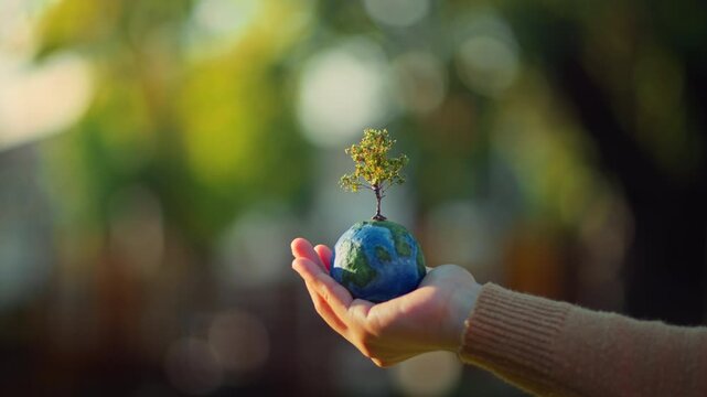 Close up of hand holding small globe with growing green tree on top, creative earth model in human palm for sustainability, environment protection, save the planet, and esg concept.