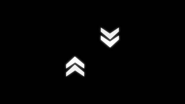 Animated glowing chevron arrows pointing up and down icon, digital directional indicators on black background