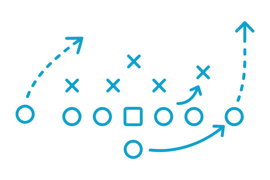 Hand drawn football playbook diagram with Xs Os and arrows. Set of hand drawn sports tactics strategy diagrams with arrows and play formations. football tactics Icon set. Symbol isolated. 