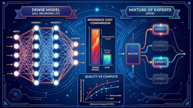 Artificial intelligence diagram comparing dense model and moe networks