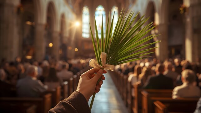 Hand holding a green palm branch with ribbon inside a church during Palm Sunday service