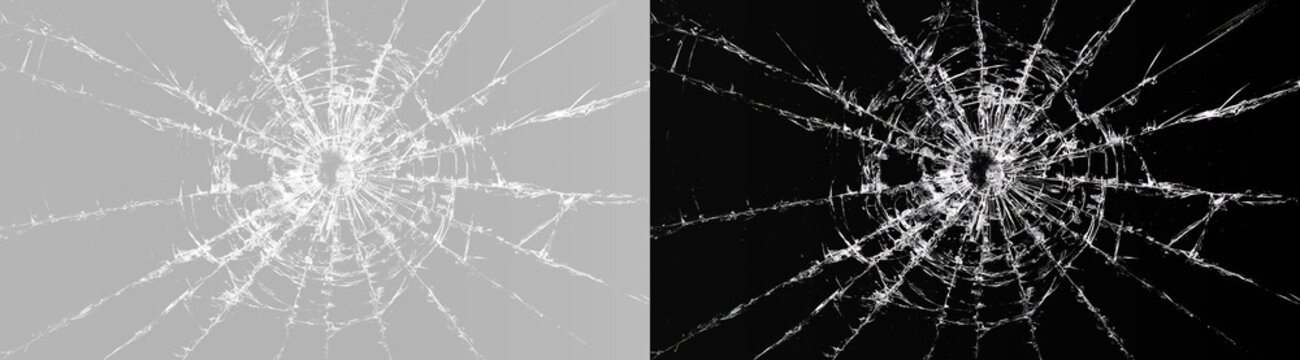 Broken glass texture with bullet hole isolated on grey and black split screen