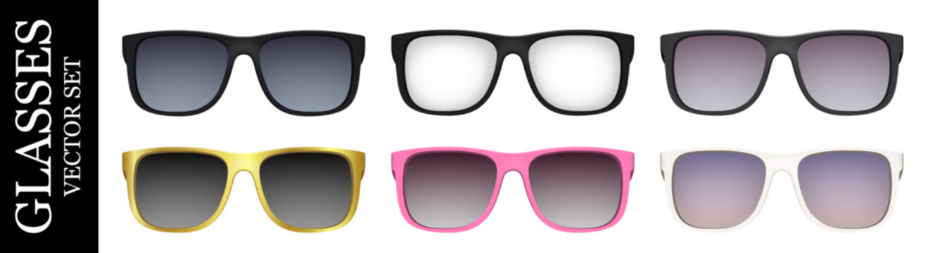 Realistic modern style glasses mockup pack isolated on white background. Sunglasses, vision, frame, lens, vintage eyeglasses in front view. Vector illustration