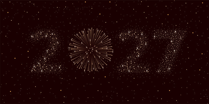 Firework 2027 New year concept on brown night starry sky background. Christmas card. Congratulations or invitation background. Vector illustration