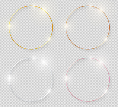 Yellow and pink gold, silver and bronze shiny glowing vintage frames with shadows pack isolated on transparent background. Golden luxury realistic round borders. Vector illustration