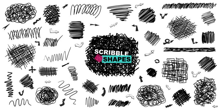 Set of black grunge doodle hand drawn scribble shapes textures, curves and arrows isolated on white. Sketch style ink symbols collection. Vector illustration