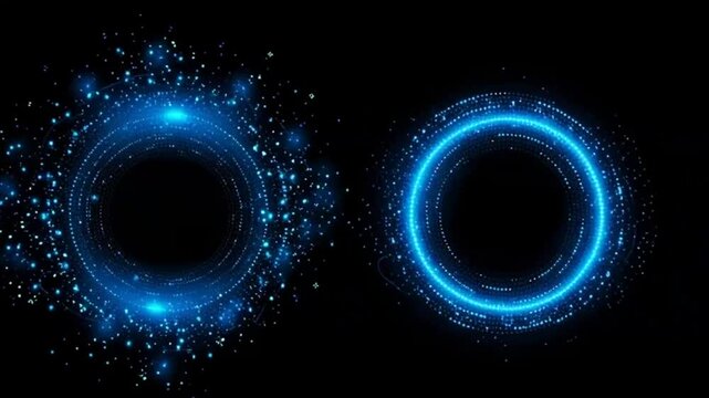 Glowing blue rings emit light and particles on a black background