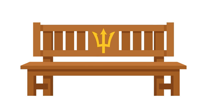 Wooden park bench with trident symbol design.