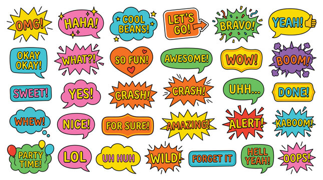 Set of colorful comic speech bubbles with various expressions and exclamations