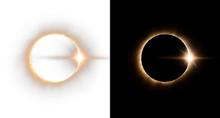 Fototapeta premium Total solar eclipse with gold corona light isolated on transparent and black split screen