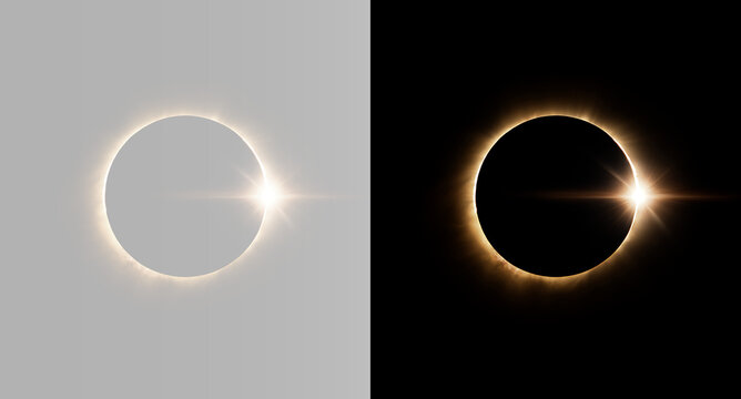 Total solar eclipse with gold corona light isolated on transparent and black split screen