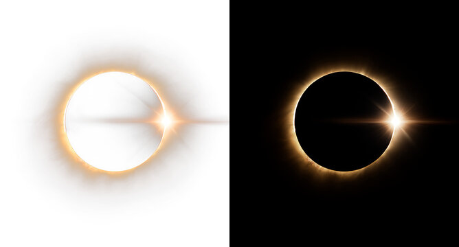 Total solar eclipse with gold corona light isolated on transparent and black split screen