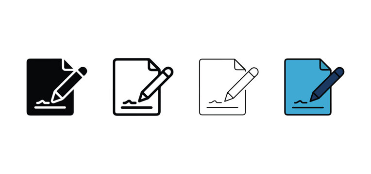 paper and pencil icons in black blue white and gray for editing writing and drawing concepts  simple line style illustrations for graphic design