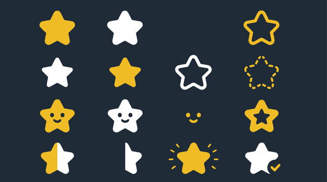 Collection of various star shapes and smiley faces.