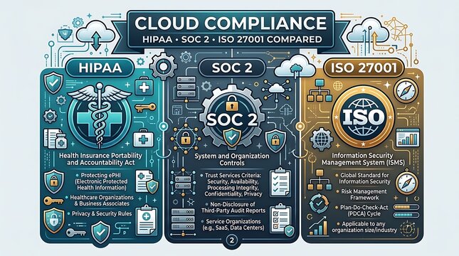 Cloud compliance standards comparison for hipaa soc 2 and iso 27001