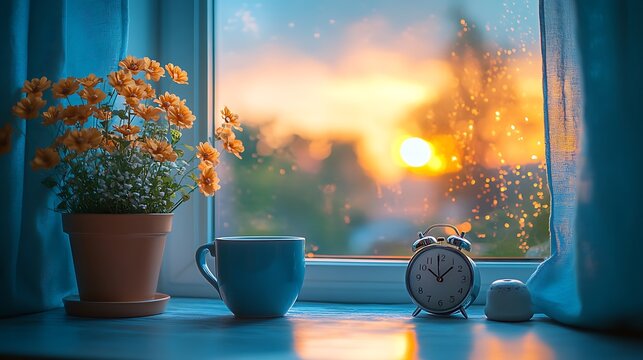 Sunrise through window with flowers and coffee cup