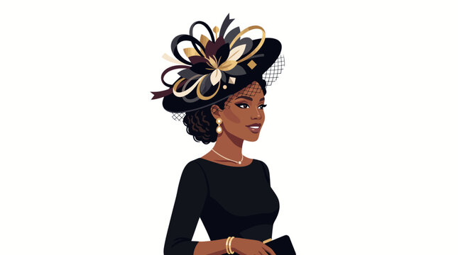 Sophisticated African American woman wearing elegant black dress and ornate fascinator hat for formal event