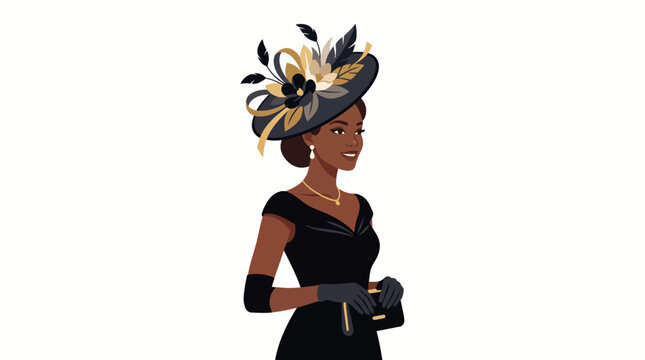 Elegant African American Woman in Vintage Black Dress and Fascinator Hat Vector Illustration